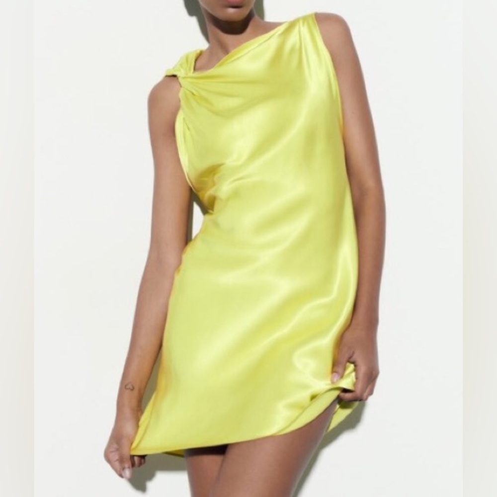 Zara Yellow Satin Mini Dress, Size XS